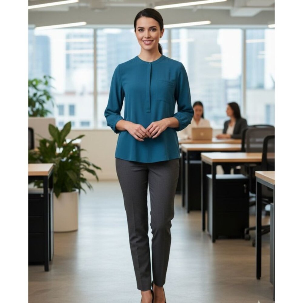 NYDJ Womens Blue Long-Sleeve Button-Front Blouse With Pleated Back & Pocket Deta